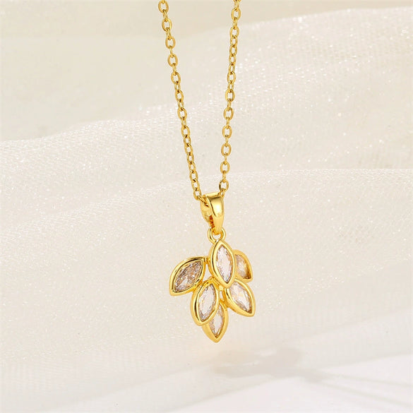 Jewelry Stainless Steel Leaf Necklace With Mixed Gem Inlay Electroplating For Women