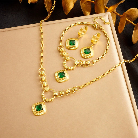 Jewelry Stainless Steel Light Luxury Square Pendant Earrings Necklaces And Hand Accessories Electroplating