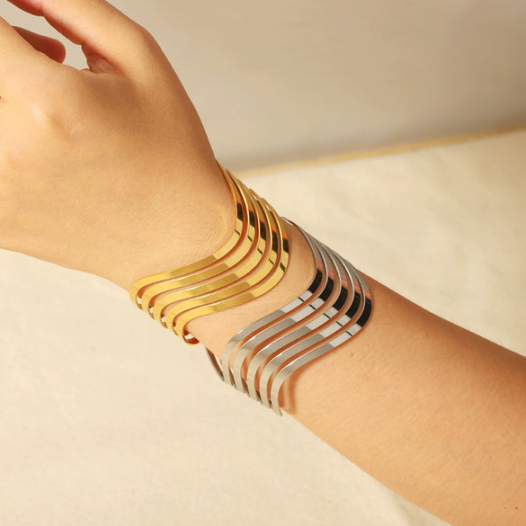 Jewelry Stainless Steel Light Luxury Widesided Hollow Wave Bracelet Electroplated For Women