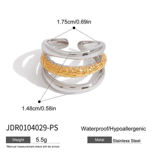 Jewelry Stainless Steel Minimalist Design Gold And Silver Colorblocking Threelayer Hollow Hammered Open Ring Geometric Style Electroplated For Women