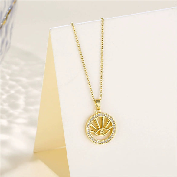 Jewelry Stainless Steel Mixed Gem Inlay Devil's Eye Pendant Necklace Electroplating