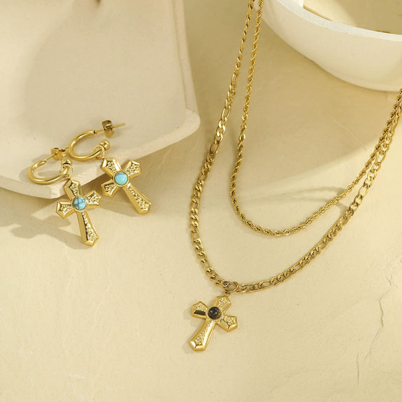 Jewelry Stainless Steel Natural Stone Geometric Pendant Necklace And Cross Earrings Electroplating For Women