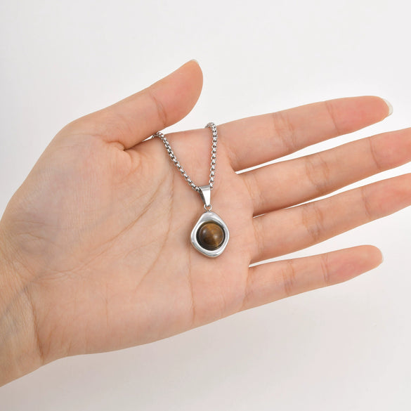 Jewelry Stainless Steel Natural Tiger Eye Stone Agate Stone Geometric Pendant Necklace