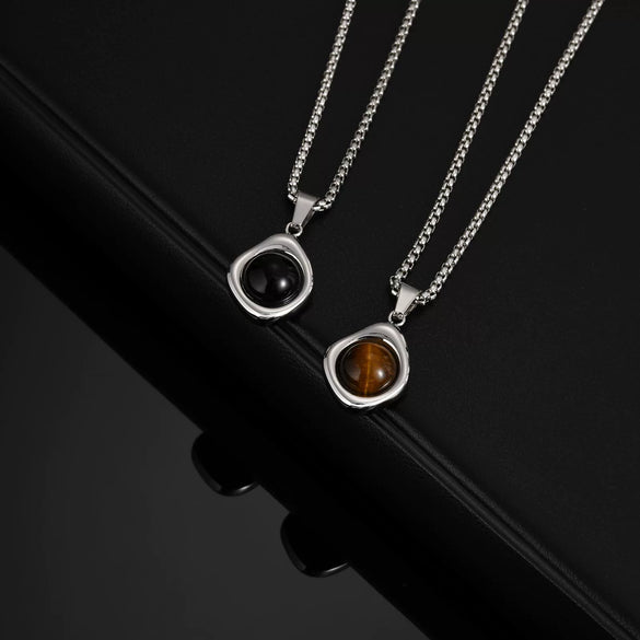 Jewelry Stainless Steel Natural Tiger Eye Stone Agate Stone Geometric Pendant Necklace