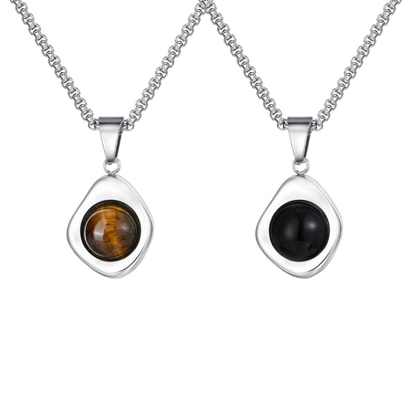 Jewelry Stainless Steel Natural Tiger Eye Stone Agate Stone Geometric Pendant Necklace