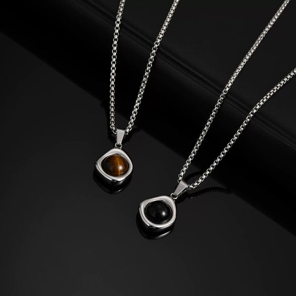 Jewelry Stainless Steel Natural Tiger Eye Stone Agate Stone Geometric Pendant Necklace