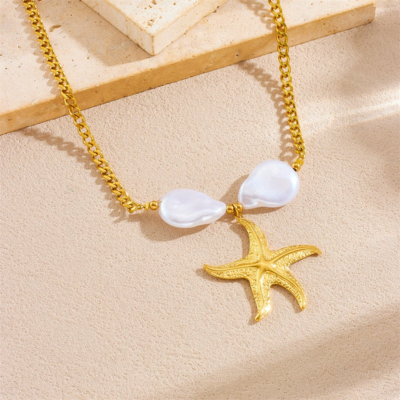 Jewelry Stainless Steel Necklace Exaggerated Starfish Pearl Accessories With Electroplating Star Pattern For Women Fashion Style