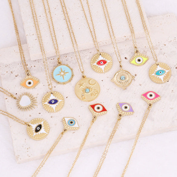 Jewelry Stainless Steel Necklace With Dripping Oil Eyes Star Moon Pendant For Women