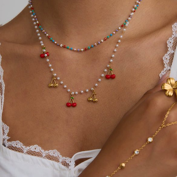 Jewelry Stainless Steel Oil Pearl Oil Cherry Pendant Chain Quiet Design Minimalist Bow Style 18K Gold Electroplated