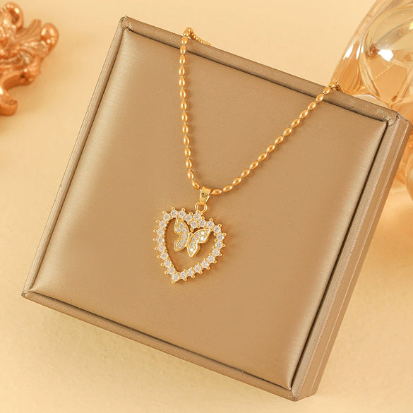Jewelry Stainless Steel Peach Heart Butterfly Necklace With Mixed Gemstone Inlay Geometric Pattern Electroplating
