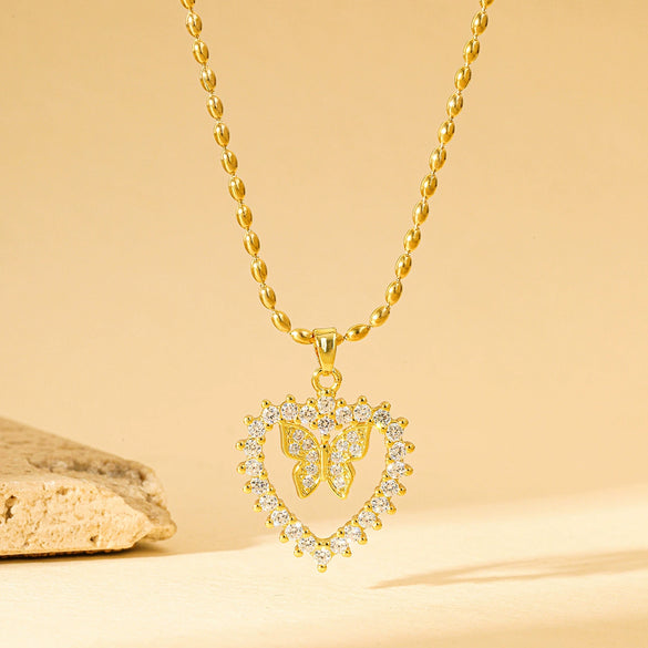 Jewelry Stainless Steel Peach Heart Butterfly Necklace With Mixed Gemstone Inlay Geometric Pattern Electroplating