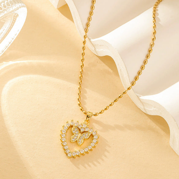 Jewelry Stainless Steel Peach Heart Butterfly Necklace With Mixed Gemstone Inlay Geometric Pattern Electroplating