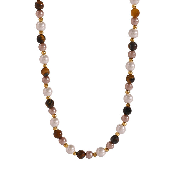 Jewelry Stainless Steel Pearl Tiger Eye Stone Geometric Ball Chain Necklace With Electroplating