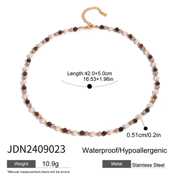 Jewelry Stainless Steel Pearl Tiger Eye Stone Geometric Ball Chain Necklace With Electroplating