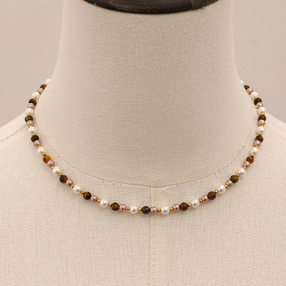 Jewelry Stainless Steel Pearl Tiger Eye Stone Geometric Ball Chain Necklace With Electroplating
