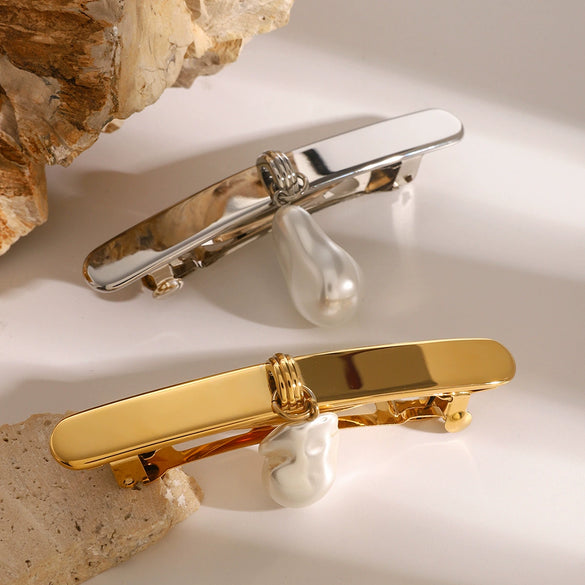 Jewelry Stainless Steel Rectangular Pendant Pearl Hairpin Electroplating Light Luxury Style For Women