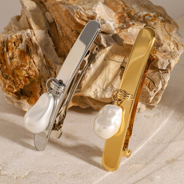 Jewelry Stainless Steel Rectangular Pendant Pearl Hairpin Electroplating Light Luxury Style For Women