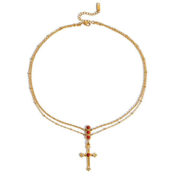 Jewelry Stainless Steel Red Turquoise Cross Pendant Necklace With O Word Chain Electroplating