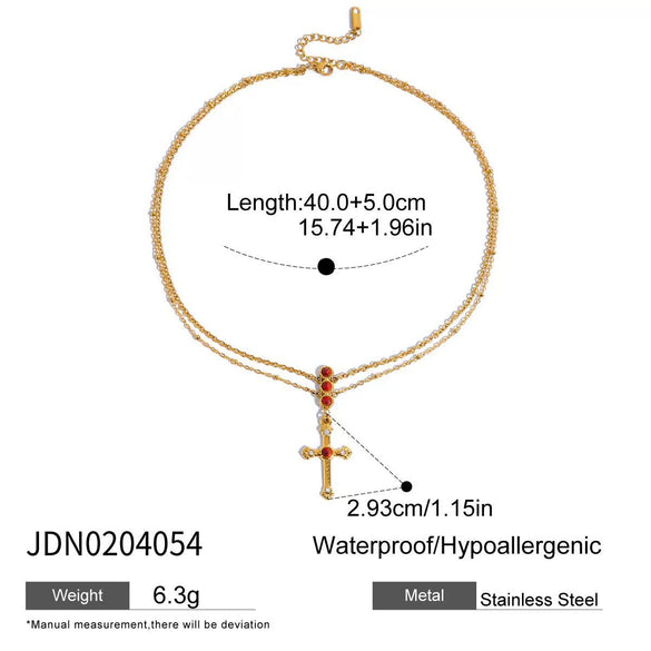 Jewelry Stainless Steel Red Turquoise Cross Pendant Necklace With O Word Chain Electroplating
