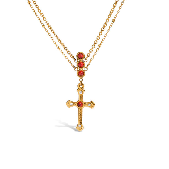 Jewelry Stainless Steel Red Turquoise Cross Pendant Necklace With O Word Chain Electroplating