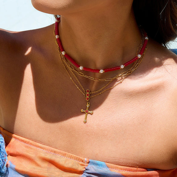 Jewelry Stainless Steel Red Turquoise Cross Pendant Necklace With O Word Chain Electroplating