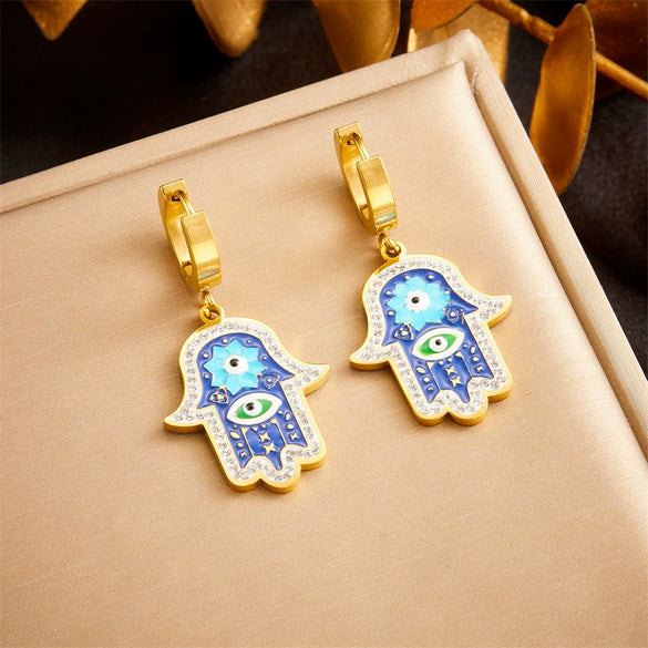 Jewelry Stainless Steel Retro Diamond Oil Palm Electroplating Box Chain Earrings Necklaces Bracelet Set For Women