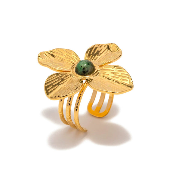 Jewelry Stainless Steel Ring Natural Stone Fourpetal Flowers Exaggerated Inlay African Turquoise French Vintage Quiet Design Geometric Electroplating