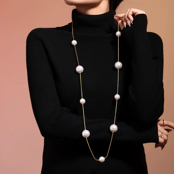 Jewelry Stainless Steel Shell Beads Light Luxury Geometric Pvd Electroplated Sweater Chain For Women