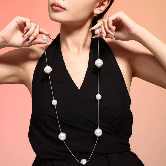 Jewelry Stainless Steel Shell Beads Light Luxury Geometric Pvd Electroplated Sweater Chain For Women