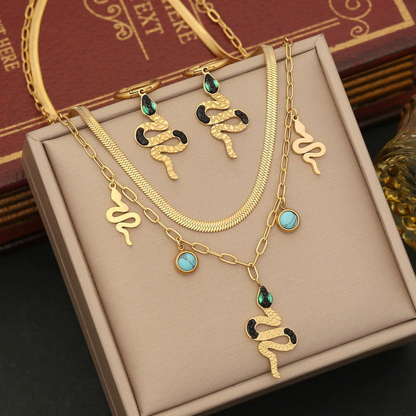 Jewelry Stainless Steel Snakeshaped Pendant Doublelayer Chain Necklace With Electroplating And Fashionable Personality Style