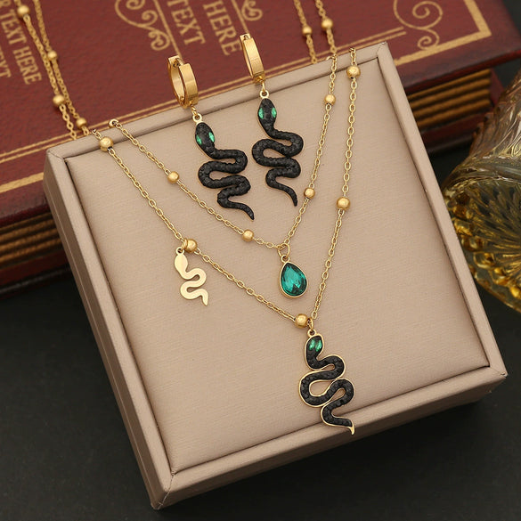 Jewelry Stainless Steel Snakeshaped Pendant Doublelayer Chain Necklace With Electroplating And Fashionable Personality Style