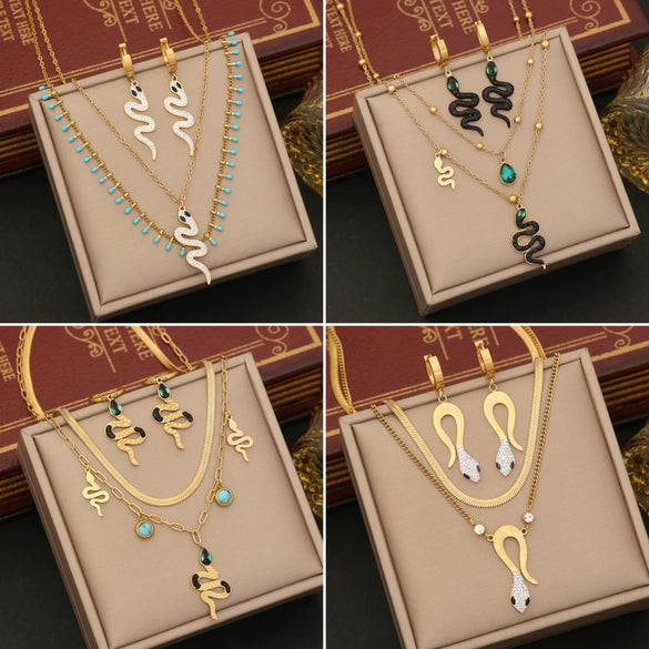 Jewelry Stainless Steel Snakeshaped Pendant Doublelayer Chain Necklace With Electroplating And Fashionable Personality Style