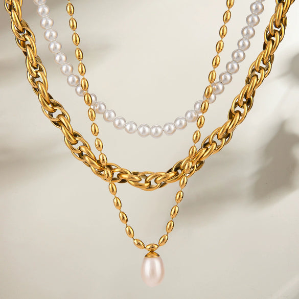 Jewelry Stainless Steel Titanium Steel Freshwater Pearl Geometric Style Electroplating Necklace For Women