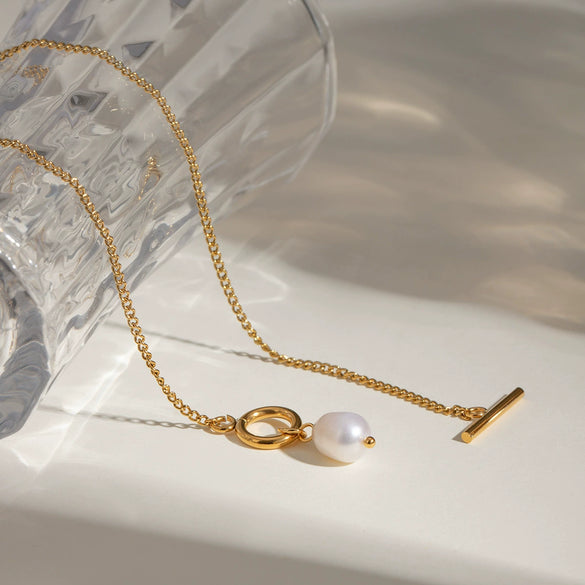 Jewelry Stainless Steel Titanium Steel Freshwater Pearl Pendant Flat Chain Necklace Geometric Style Electroplating