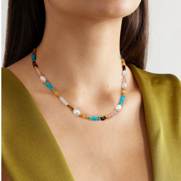 Jewelry Stainless Steel Titanium Steel Natural Stone Pearl Tiger Eye Color Crystal Geometric Electroplated Necklace