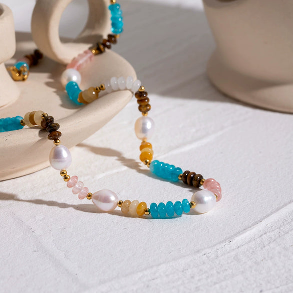 Jewelry Stainless Steel Titanium Steel Natural Stone Pearl Tiger Eye Color Crystal Geometric Electroplated Necklace