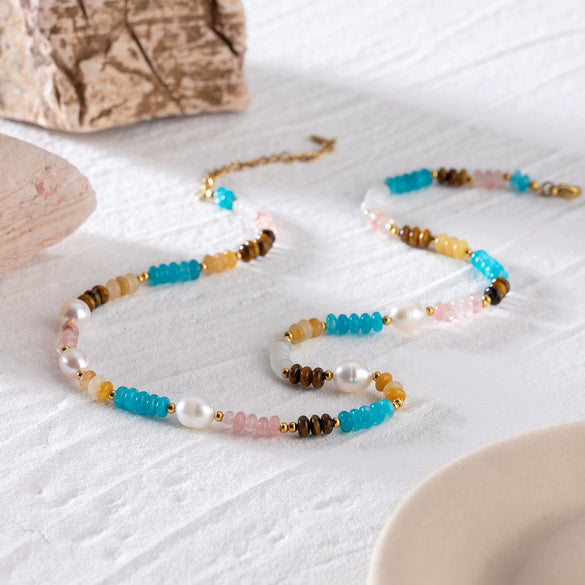 Jewelry Stainless Steel Titanium Steel Natural Stone Pearl Tiger Eye Color Crystal Geometric Electroplated Necklace