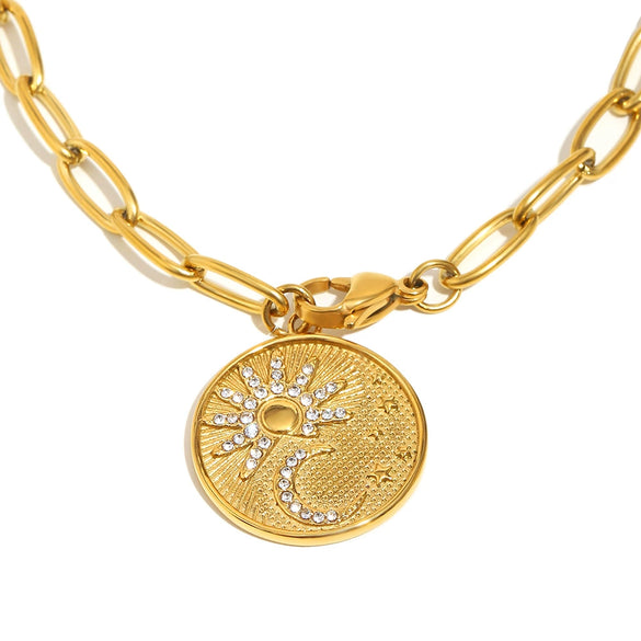 Jewelry Stainless Steel Titanium Steel Plated 18K Gold Geometric Star Moon Sun Coin Pendant Necklace Women's Versatile Minimalist