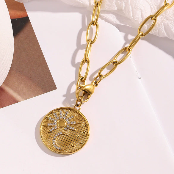 Jewelry Stainless Steel Titanium Steel Plated 18K Gold Geometric Star Moon Sun Coin Pendant Necklace Women's Versatile Minimalist