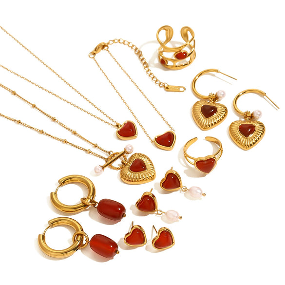 Jewelry Stainless Steel Titanium Steel Red Agate Love Shape Electroplating O Chain Pendant Earrings Ring