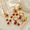 Jewelry Stainless Steel Titanium Steel Red Agate Love Shape Electroplating O Chain Pendant Earrings Ring