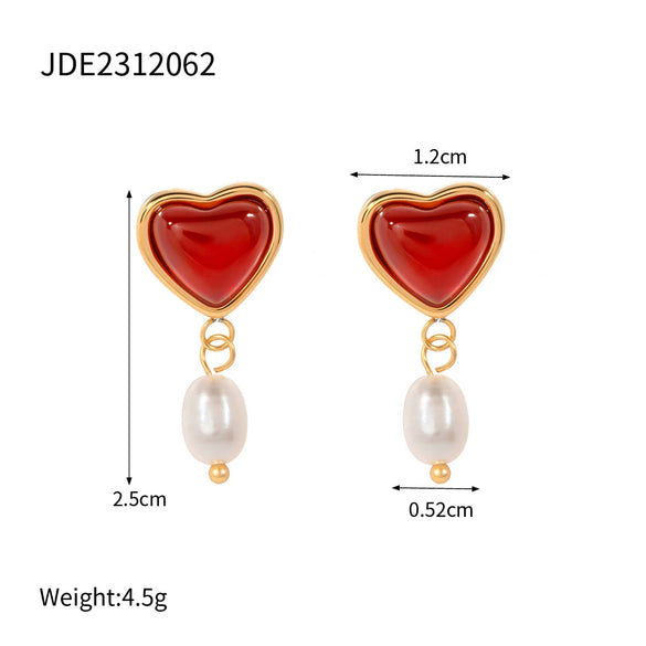 Jewelry Stainless Steel Titanium Steel Red Agate Love Shape Electroplating O Chain Pendant Earrings Ring