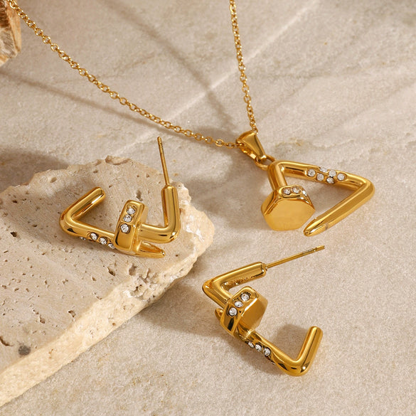 Jewelry Stainless Steel Titanium Steel Rhinestone Irregular Pendant Necklace Earrings Electroplating Geometric
