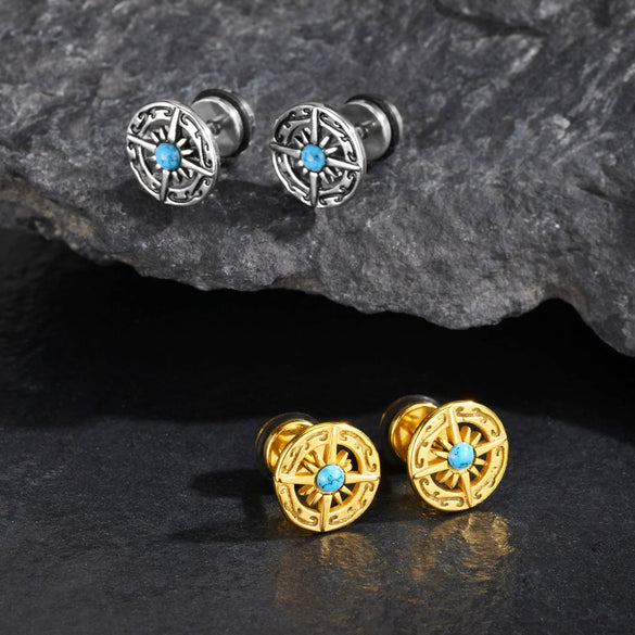 Jewelry Stainless Steel Turquoise Compass Retro Geometric Electroplated Men's Earrings