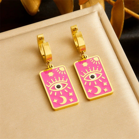 Jewelry Stainless Steel Vintage Square Earrings And Necklaces With Stars Sun Moon Clouds Cosmic Patterns Electroplated For Women
