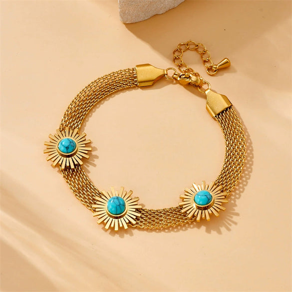 Jewelry Stainless Steel Woven Soft Chain Sunflower With Blue Turquoise Electroplated Bracelet Earrings Necklace For Women