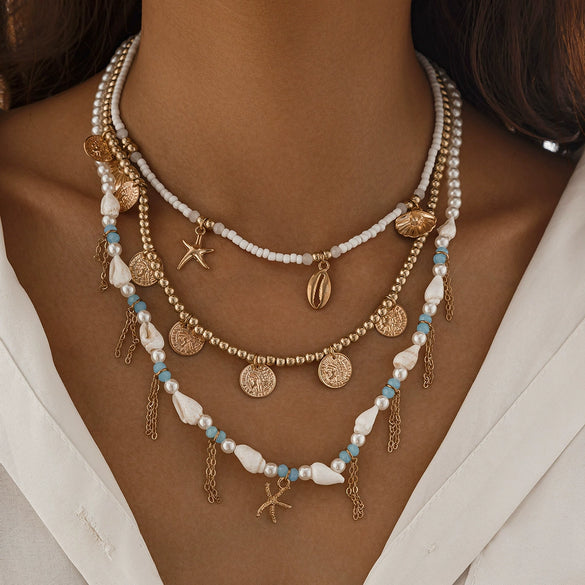 Jewelry Starfish Imitation Pearl Alloy Geometric Niche Multi Layer Clavicle Chain Electroplated