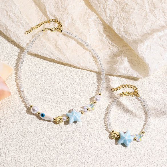 Jewelry Starfish Shell Artificial Crystal Marine Life Set With Diamonds Necklace Bracelet For Women