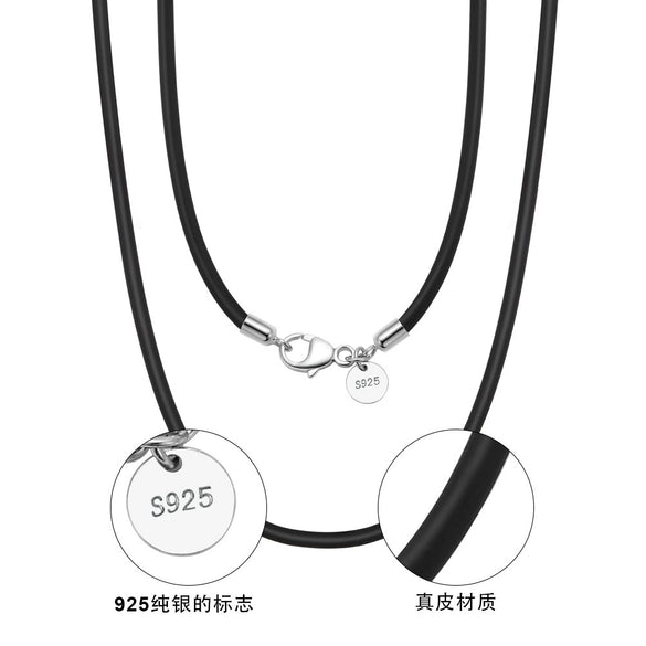 Jewelry 925 Sterling Silver Buckle Black Leather Rope Necklace Geometric Style