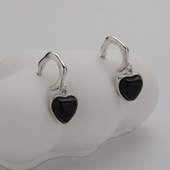 Jewelry 925 Sterling Silver Inlaid Natural Black Agate Heart Shape Love Necklace For Women